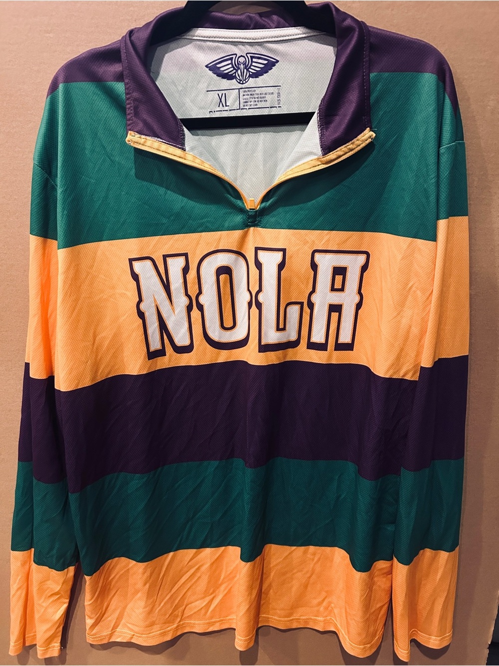 NOLA New Orleans Striped Quarter-Zip Polo in Purple/Green/Gold Mardi Gras